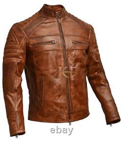 Mens Vintage Biker Distressed Brown and Black Cafe Racer Genuine Leather Jacket