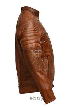 Mens Vintage Biker Distressed Brown and Black Cafe Racer Genuine Leather Jacket