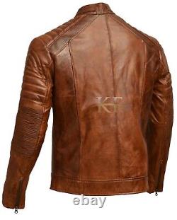 Mens Vintage Biker Distressed Brown and Black Cafe Racer Genuine Leather Jacket