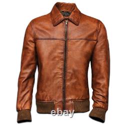Mens Vintage Biker Motorcycle Distressed Brown Bomber Real Winter Leather Jacket