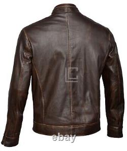 Mens Vintage Biker Motorcycle Distressed Brown Cafe Racer Genuine Leather Jacket