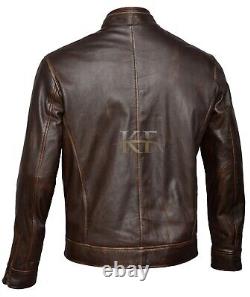 Mens Vintage Biker Motorcycle Distressed Brown Cafe Racer Genuine Leather Jacket