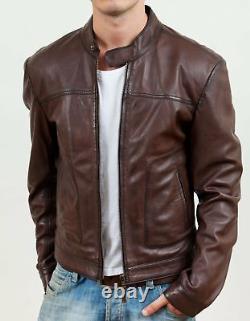 Mens Vintage Biker Style Brown Motorcycle Cafe Racer Distressed Leather Jacket