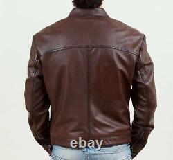 Mens Vintage Biker Style Brown Motorcycle Cafe Racer Distressed Leather Jacket