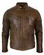 Mens Vintage Biker Style Moto Biker Retro Racer Brown Distressed Leather Jacket