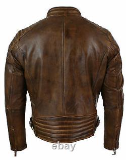 Mens Vintage Biker Style Moto Biker Retro Racer Brown Distressed Leather Jacket