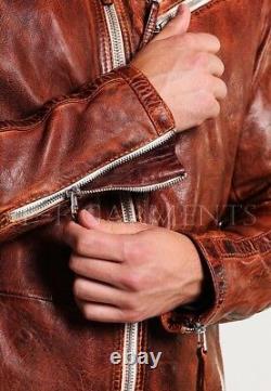 Mens Vintage Biker Style Motorcycle Cafe Racer Distressed Brown Leather Jacket