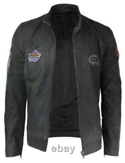 Mens Vintage Brown Leather Racer Badge Biker Jacket Washed Distressed Slim Fit