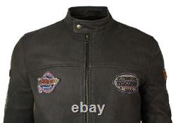 Mens Vintage Brown Leather Racer Badge Biker Jacket Washed Distressed Slim Fit