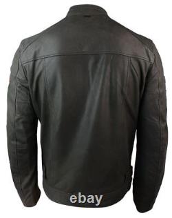 Mens Vintage Brown Leather Racer Badge Biker Jacket Washed Distressed Slim Fit