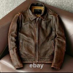 Mens Vintage Cafe Racer Distressed Brown Genuine Cowhide Leather Jacket