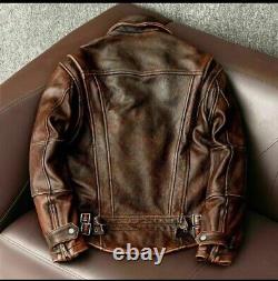 Mens Vintage Cafe Racer Distressed Brown Genuine Cowhide Leather Jacket