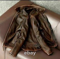 Mens Vintage Cafe Racer Distressed Brown Genuine Cowhide Leather Jacket