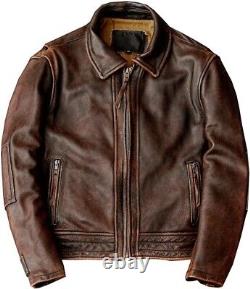 Mens Vintage Cafe Racer Motorcycle Biker Distressed Brown Leather Jacket