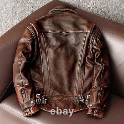 Mens Vintage Cafe Racer Motorcycle Biker Distressed Brown Leather Jacket