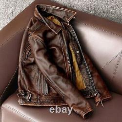 Mens Vintage Cafe Racer Motorcycle Biker Distressed Brown Leather Jacket