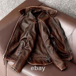 Mens Vintage Cafe Racer Motorcycle Biker Distressed Brown Leather Jacket