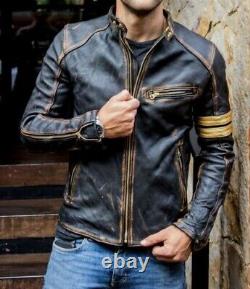 Mens Vintage Cafe Racer Slim Fit Biker Distressed Brown Real Leather Jacket Uk