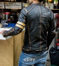 Mens Vintage Cafe Racer Slim Fit Biker Distressed Brown Real Leather Jacket Uk