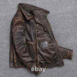 Mens Vintage Dark Brown Distressed Real Sheep Leather Jacket Biker Style Collard