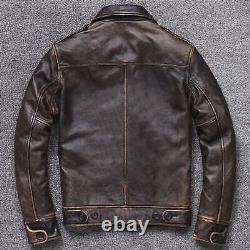 Mens Vintage Dark Brown Distressed Real Sheep Leather Jacket Biker Style Collard