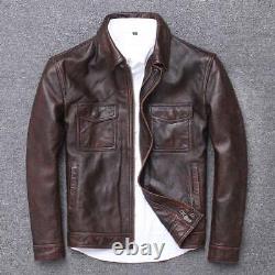 Mens Vintage Dark Brown Distressed Real Sheep Leather Jacket Biker Style Collard