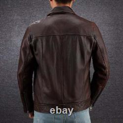 Mens Vintage Dark Brown Distressed Real Sheep Leather Jacket Biker Style Collard