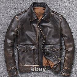 Mens Vintage Dark Brown Distressed Real Sheep Leather Jacket Biker Style Collard