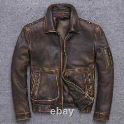 Mens Vintage Dark Brown Distressed Real Sheep Leather Jacket Biker Style Collard