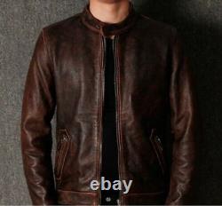 Mens Vintage Dark Brown Distressed Real Soft Sheep Leather Slim Fit Band Jacket