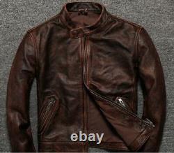 Mens Vintage Dark Brown Distressed Real Soft Sheep Leather Slim Fit Band Jacket