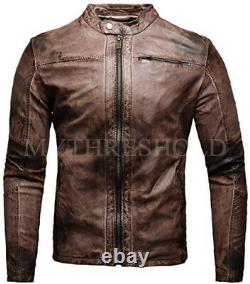 Mens Vintage Distressed Brown Genuine Leather Jacket Slim Fit Real Biker