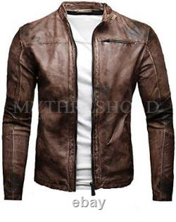 Mens Vintage Distressed Brown Genuine Leather Jacket Slim Fit Real Biker