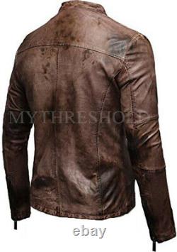 Mens Vintage Distressed Brown Genuine Leather Jacket Slim Fit Real Biker New