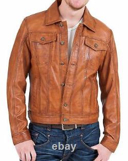 Mens Vintage Distressed Brown Leather Jacket Biker Lambskin