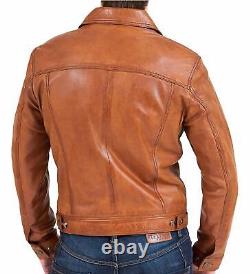 Mens Vintage Distressed Brown Leather Jacket Biker Lambskin
