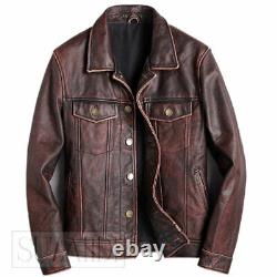 Mens Vintage Distressed Brown Real Leather Casual Jacket by Suzahdi