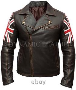 Mens Vintage Distressed Brown Union Jack 2 Cafe Racer Leather Jacket