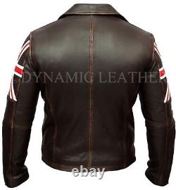 Mens Vintage Distressed Brown Union Jack 2 Cafe Racer Leather Jacket