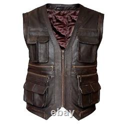 Mens Vintage Jurassic World Chris Pratt Genuine Leather Distressed Brown Vest UK