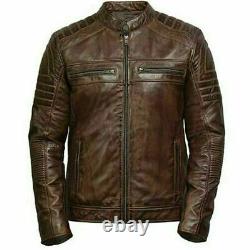 Mens Vintage Motorcycle Biker Distressed Brown Café Racer Quilted Leather Jacket