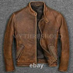 Mens Vintage Motorcycle Cafe Racer Biker Brown Distressed Real Leather Jacket