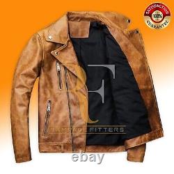 Mens Vintage Motorcycle Distressed Brown Bomber Biker Genuine Leather Jacket