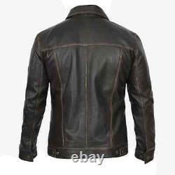 Mens Vintage Trucker Distressed Brown Real Leather Biker Cafe Racer Jacket