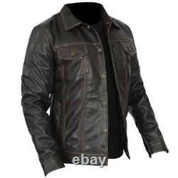 Mens Vintage Trucker Distressed Brown Real Leather Biker Cafe Racer Jacket