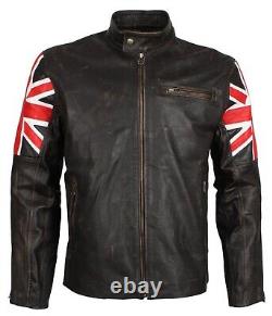 Mens Vintage Union Jack Distressed Brown Motorcycle Style Leather Biker Jacket