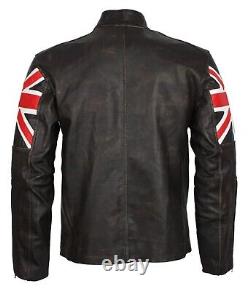 Mens Vintage Union Jack Distressed Brown Motorcycle Style Leather Biker Jacket