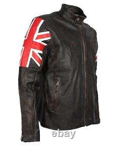 Mens Vintage Union Jack Distressed Brown Motorcycle Style Leather Biker Jacket