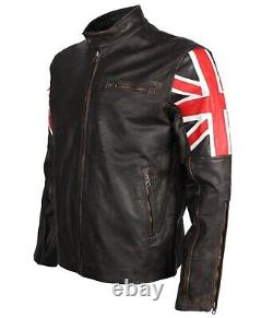 Mens Vintage Union Jack Distressed Brown Motorcycle Style Leather Biker Jacket