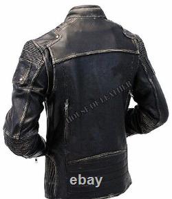 Mens Warm Vintage Biker Style Motorcycle Cafe Racer Distressed Leather Jacket